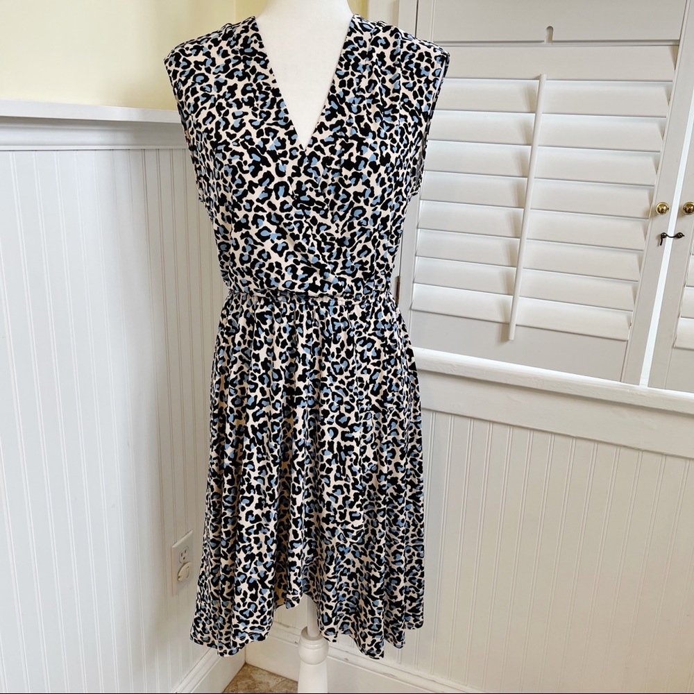BCBGMAXAZRIA NWT Cream, Black & Blue Animal Print Sleeveless Faux Wrap Dress